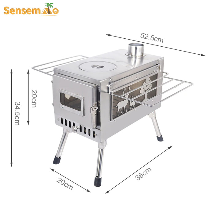 Large Portable Fire Wood Stove, 304 Stainless Steel, Window Pipe for Tent Heater, Cot Camping, Ice-fishing Cooking, Outdoor BBQ